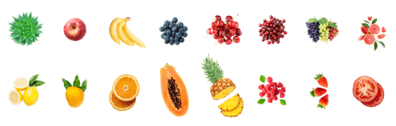 Aloe Vera, Arándano, Arándano Azul, Cereza, Frambuesa, Fresa, Limón, Manzana, Naranja, Papaya, Piña, Plátano, Tomate, Toronja, Uva y Mango